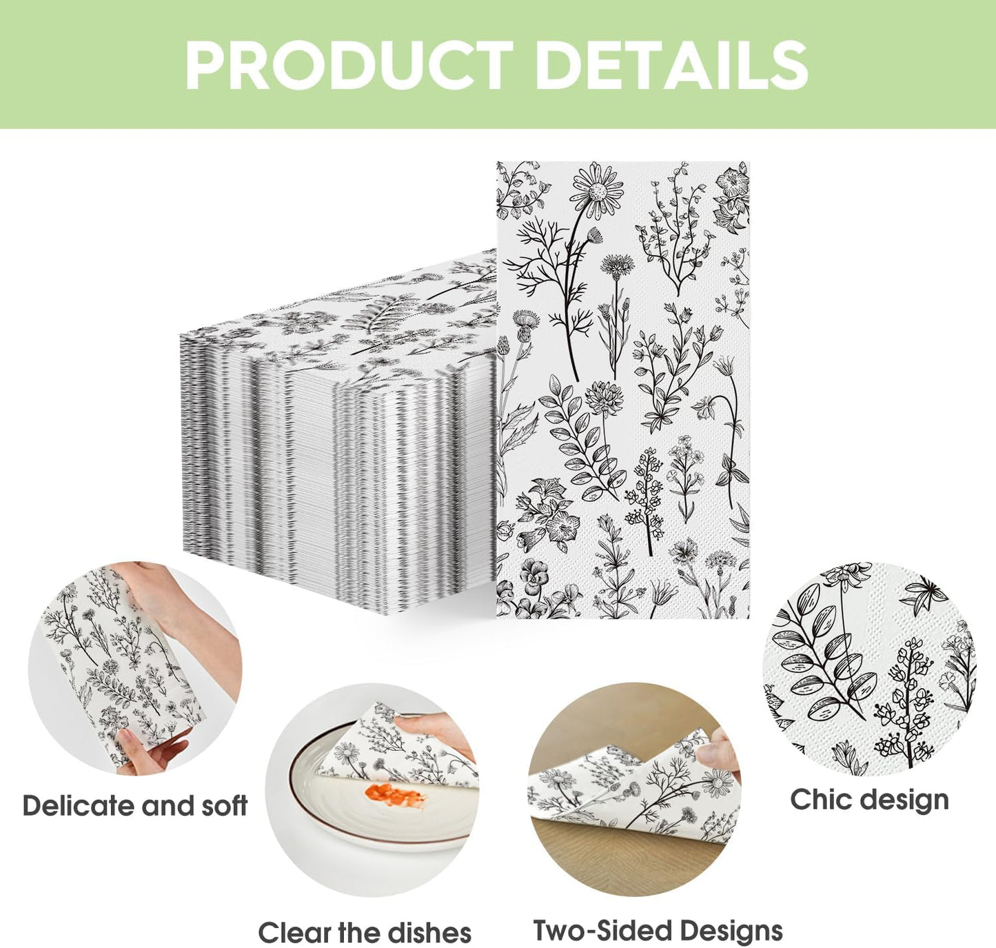 Horaldaily 100 Disposable Paper Decorative Guest Napkins, Black White Hand-painted Wildflowers Herbs Hand Towel for Party Lunch Dinner Kitchen Bathroom