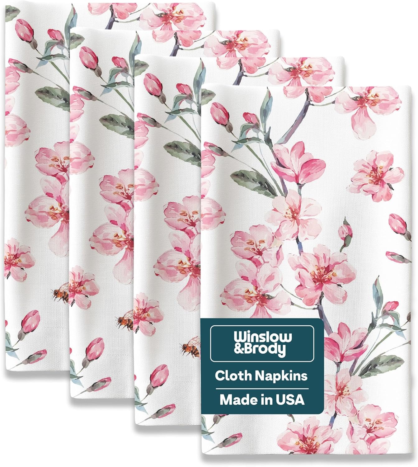 Floral Napkins | Made in USA | 18" x 18" Cloth Table Napkins | Absorbent, Washable, Reusable, Stain & Wrinkle Resistant | Spring Table Decor | Dining Linens | Pink Blossom - 4pack