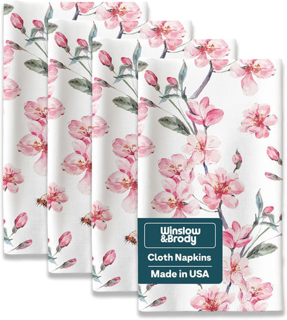 Floral Napkins | Made in USA | 18" x 18" Cloth Table Napkins | Absorbent, Washable, Reusable, Stain & Wrinkle Resistant | Spring Table Decor | Dining Linens | Pink Blossom - 4pack
