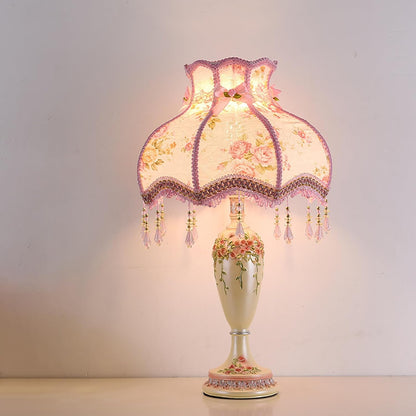 Victorian Pink Table Lamp - Lace Fabric Shade & Beaded Accent, Elegant Bedside Nightstand Light for Bedroom, Living Room, Girls' Room Decor