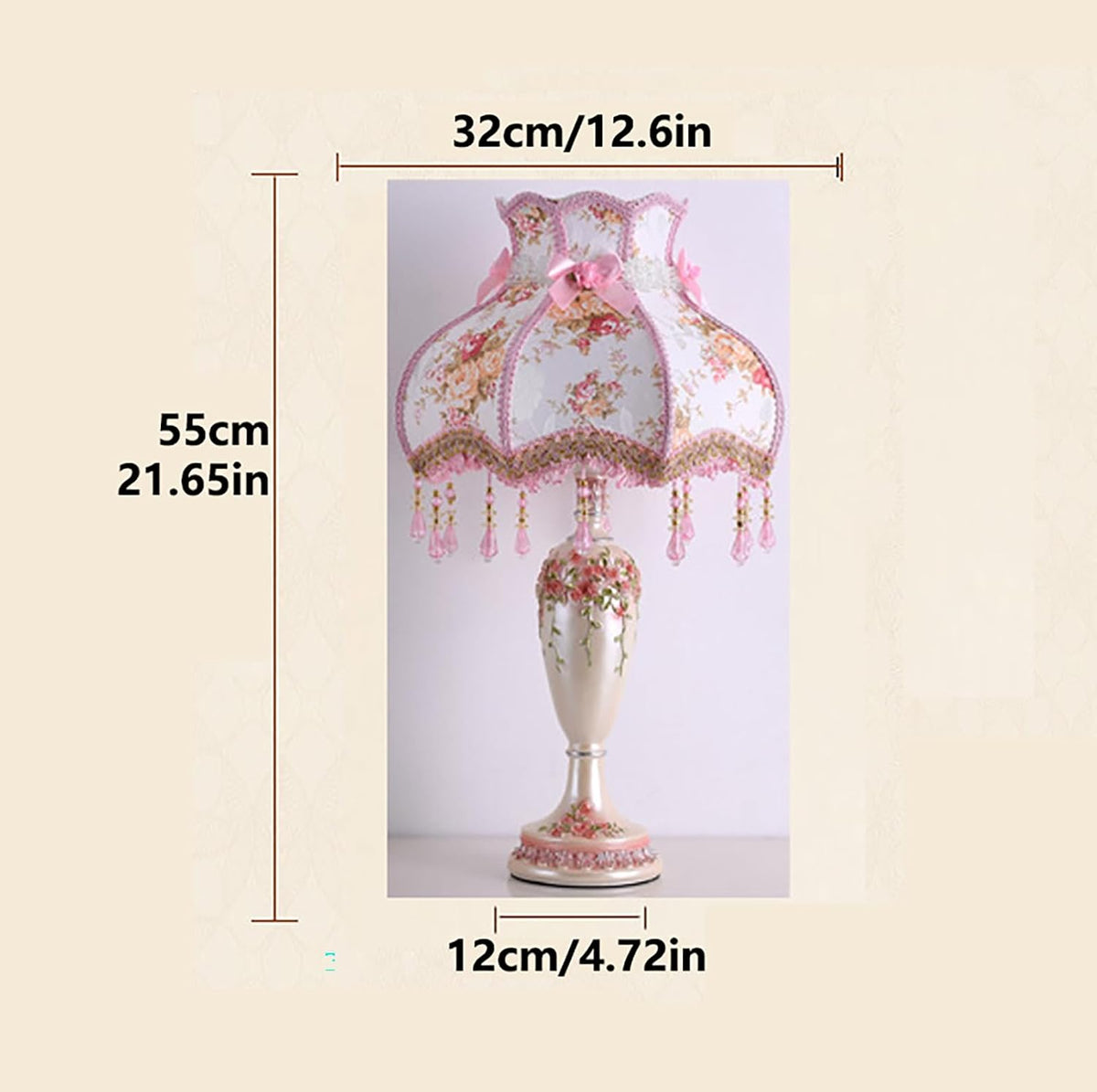 Victorian Pink Table Lamp - Lace Fabric Shade & Beaded Accent, Elegant Bedside Nightstand Light for Bedroom, Living Room, Girls' Room Decor