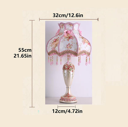 Victorian Pink Table Lamp - Lace Fabric Shade & Beaded Accent, Elegant Bedside Nightstand Light for Bedroom, Living Room, Girls' Room Decor