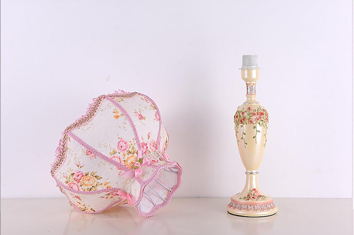 Victorian Pink Table Lamp - Lace Fabric Shade & Beaded Accent, Elegant Bedside Nightstand Light for Bedroom, Living Room, Girls' Room Decor
