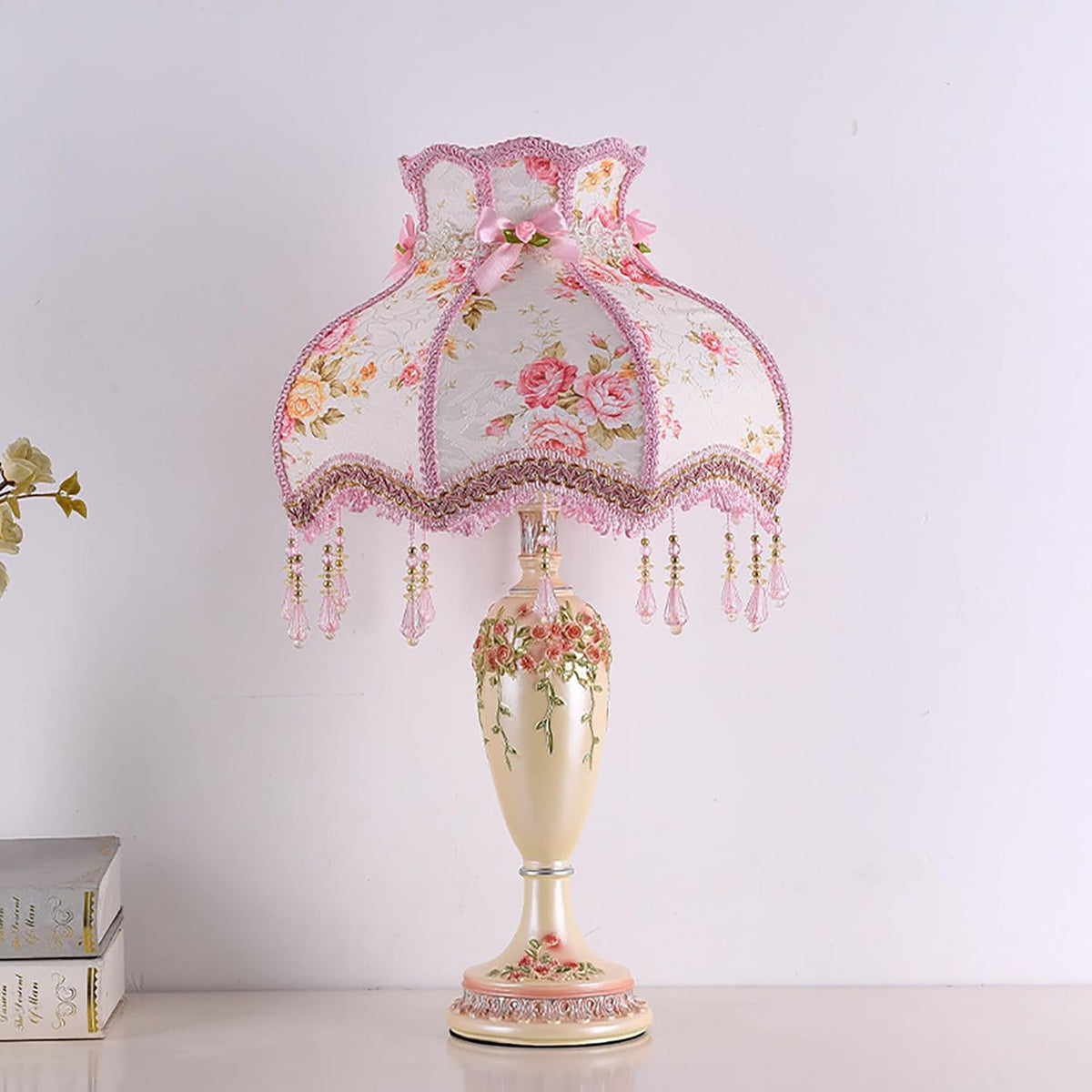 Victorian Pink Table Lamp - Lace Fabric Shade & Beaded Accent, Elegant Bedside Nightstand Light for Bedroom, Living Room, Girls' Room Decor