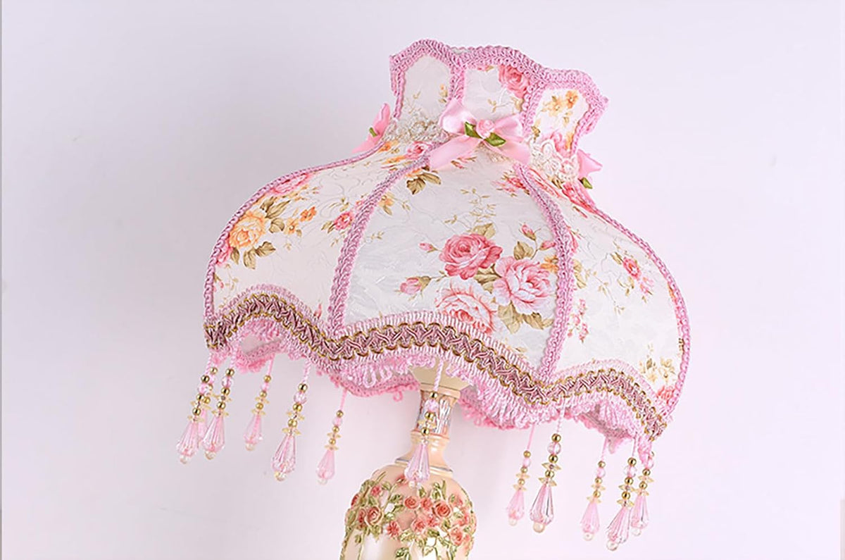 Victorian Pink Table Lamp - Lace Fabric Shade & Beaded Accent, Elegant Bedside Nightstand Light for Bedroom, Living Room, Girls' Room Decor