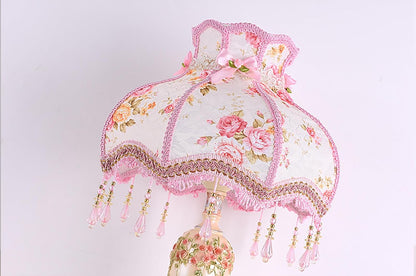 Victorian Pink Table Lamp - Lace Fabric Shade & Beaded Accent, Elegant Bedside Nightstand Light for Bedroom, Living Room, Girls' Room Decor