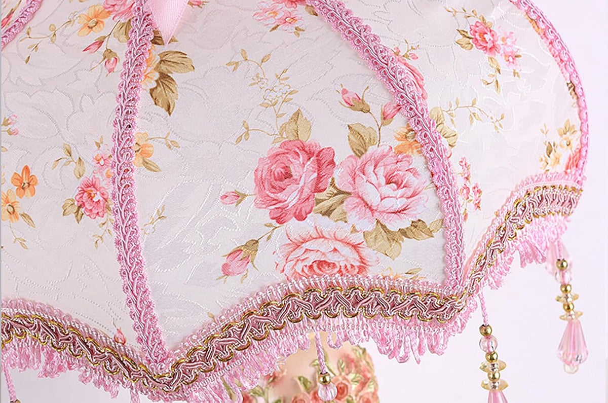 Victorian Pink Table Lamp - Lace Fabric Shade & Beaded Accent, Elegant Bedside Nightstand Light for Bedroom, Living Room, Girls' Room Decor