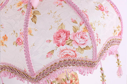 Victorian Pink Table Lamp - Lace Fabric Shade & Beaded Accent, Elegant Bedside Nightstand Light for Bedroom, Living Room, Girls' Room Decor