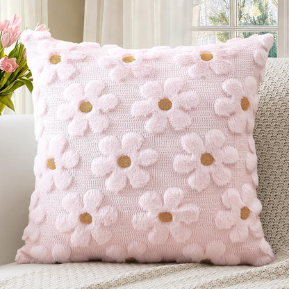 Flowers Throw Pillow Cover Set of 1 Spring Summer Cushion Cover for Sofa 18x18 Inch Square Soft Plush Short Wool Velvet Pillowcase Seasonal Holiday Decor Pink