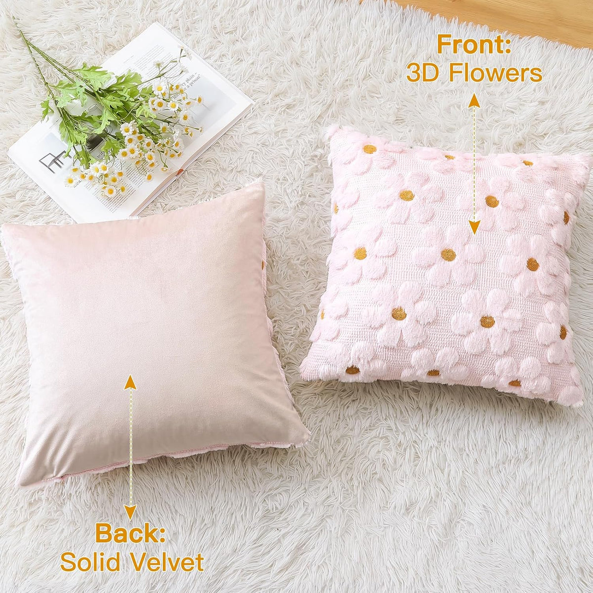 Flowers Throw Pillow Cover Set of 1 Spring Summer Cushion Cover for Sofa 18x18 Inch Square Soft Plush Short Wool Velvet Pillowcase Seasonal Holiday Decor Pink