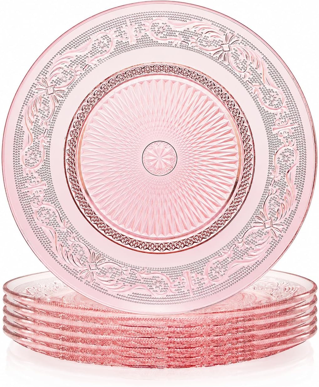 Art Deco Vintage Crystal Pink Plates | Set of 6 | Unique 10.5" Dinner or Charger Plates - Dinner, Charger, Dessert Server, Appetizer Plate, Snack, Fruit, Hand Wash, Housewarming Gift