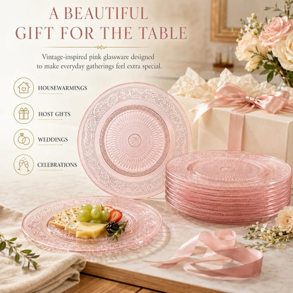 Art Deco Vintage Crystal Pink Plates | Set of 6 | Unique 10.5" Dinner or Charger Plates - Dinner, Charger, Dessert Server, Appetizer Plate, Snack, Fruit, Hand Wash, Housewarming Gift