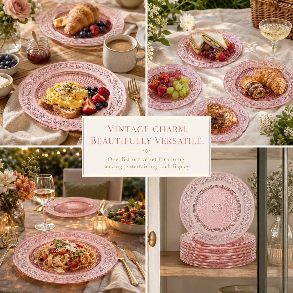 Art Deco Vintage Crystal Pink Plates | Set of 6 | Unique 10.5" Dinner or Charger Plates - Dinner, Charger, Dessert Server, Appetizer Plate, Snack, Fruit, Hand Wash, Housewarming Gift