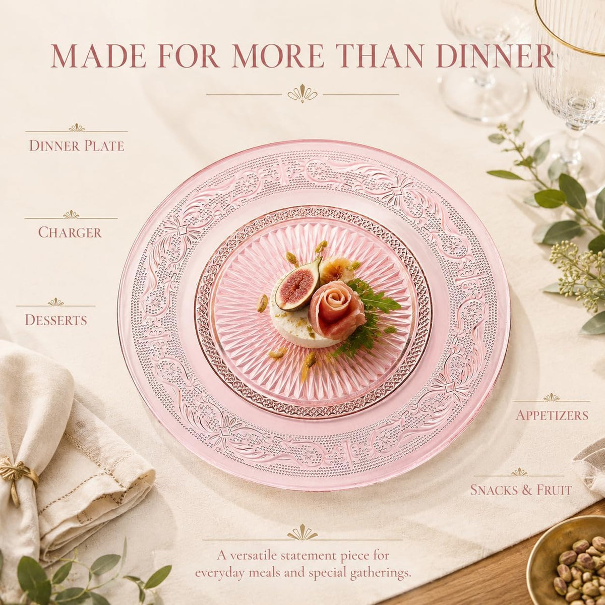Art Deco Vintage Crystal Pink Plates | Set of 6 | Unique 10.5" Dinner or Charger Plates - Dinner, Charger, Dessert Server, Appetizer Plate, Snack, Fruit, Hand Wash, Housewarming Gift