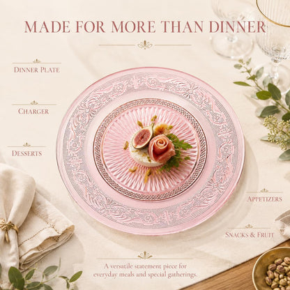 Art Deco Vintage Crystal Pink Plates | Set of 6 | Unique 10.5" Dinner or Charger Plates - Dinner, Charger, Dessert Server, Appetizer Plate, Snack, Fruit, Hand Wash, Housewarming Gift