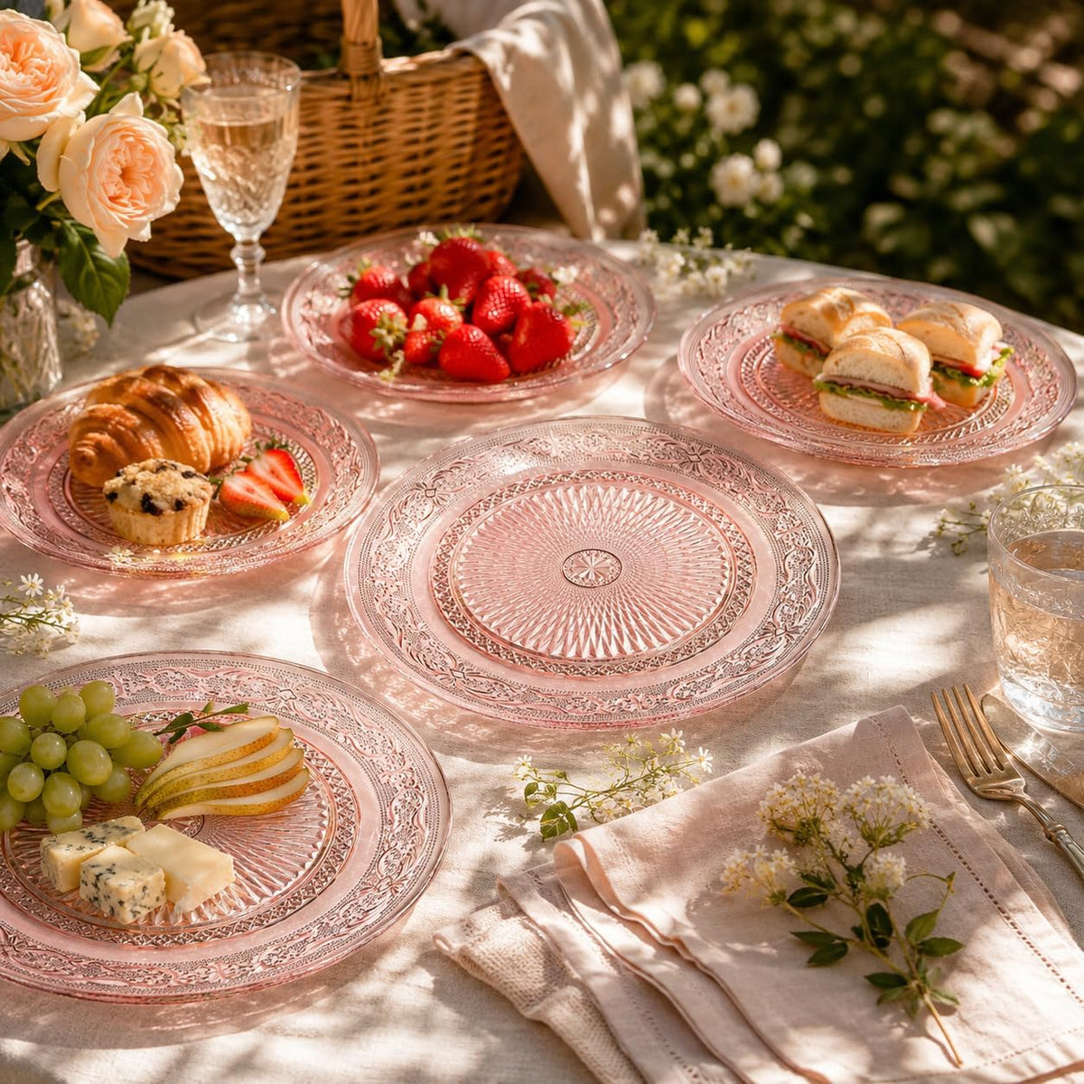 Art Deco Vintage Crystal Pink Plates | Set of 6 | Unique 10.5" Dinner or Charger Plates - Dinner, Charger, Dessert Server, Appetizer Plate, Snack, Fruit, Hand Wash, Housewarming Gift