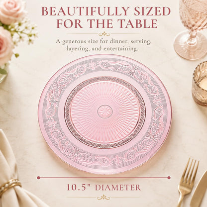 Art Deco Vintage Crystal Pink Plates | Set of 6 | Unique 10.5" Dinner or Charger Plates - Dinner, Charger, Dessert Server, Appetizer Plate, Snack, Fruit, Hand Wash, Housewarming Gift