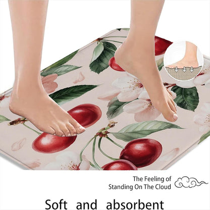 Cherries Blossom Floral Quick Dry Bath Mat, Elegant Peach Flowers Decorative Non Slip Shower Mat, Spring Memory Foam Washable Bath Rugs for Bathroom Toilet Restroom Decorative 20x32 Inch