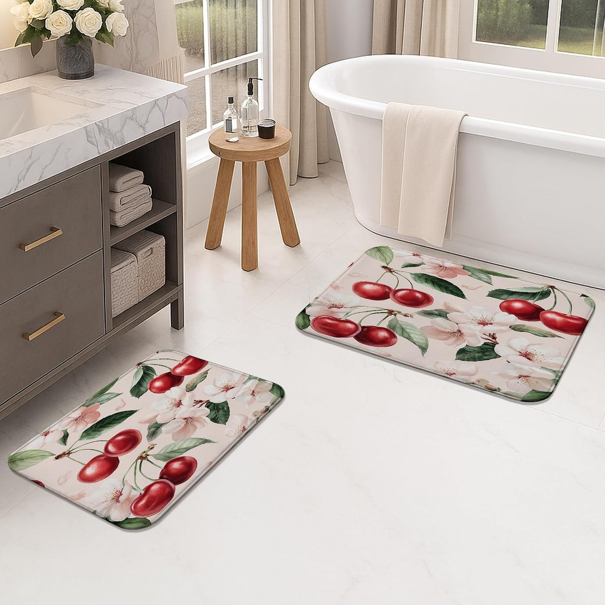 Cherries Blossom Floral Quick Dry Bath Mat, Elegant Peach Flowers Decorative Non Slip Shower Mat, Spring Memory Foam Washable Bath Rugs for Bathroom Toilet Restroom Decorative 20x32 Inch