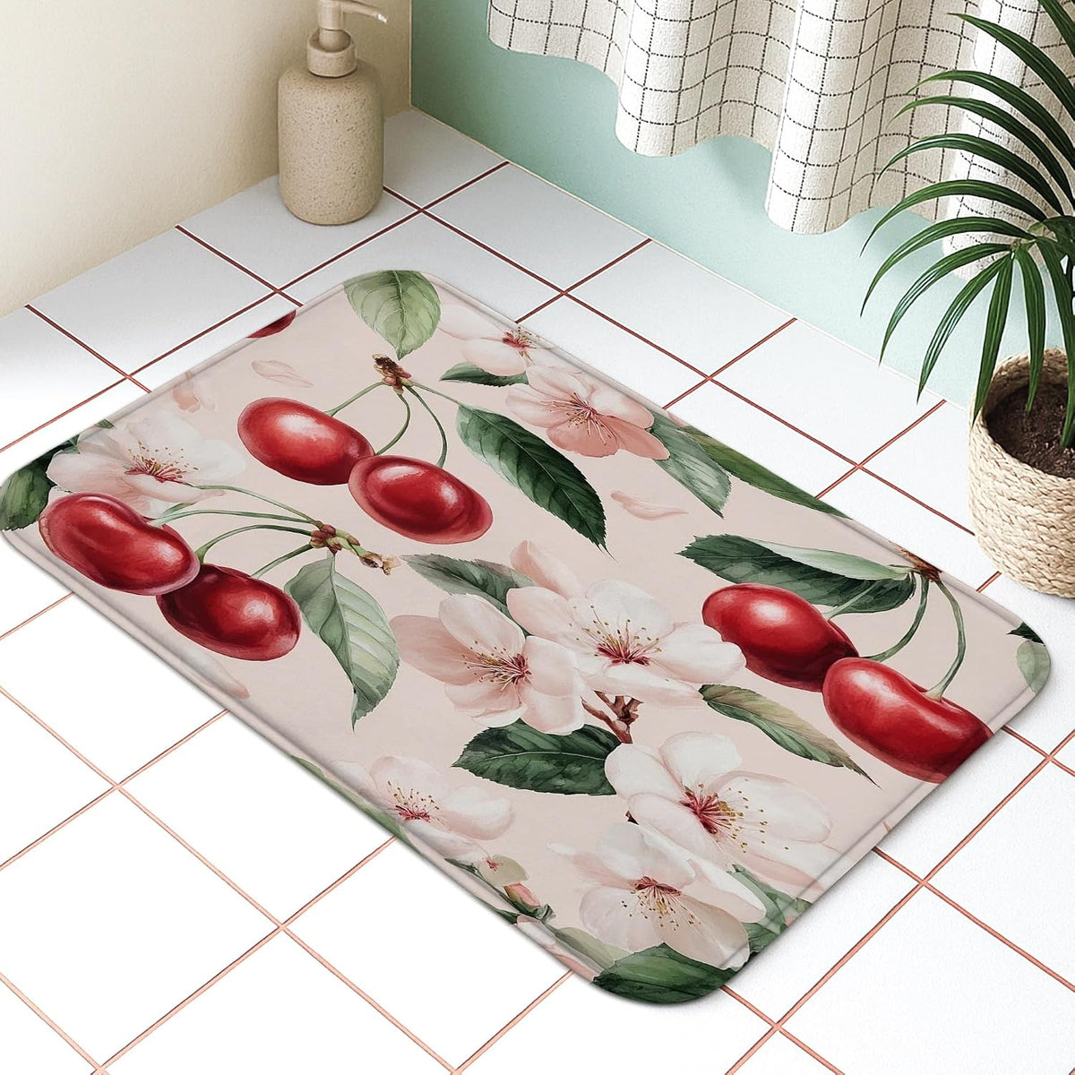 Cherries Blossom Floral Quick Dry Bath Mat, Elegant Peach Flowers Decorative Non Slip Shower Mat, Spring Memory Foam Washable Bath Rugs for Bathroom Toilet Restroom Decorative 20x32 Inch