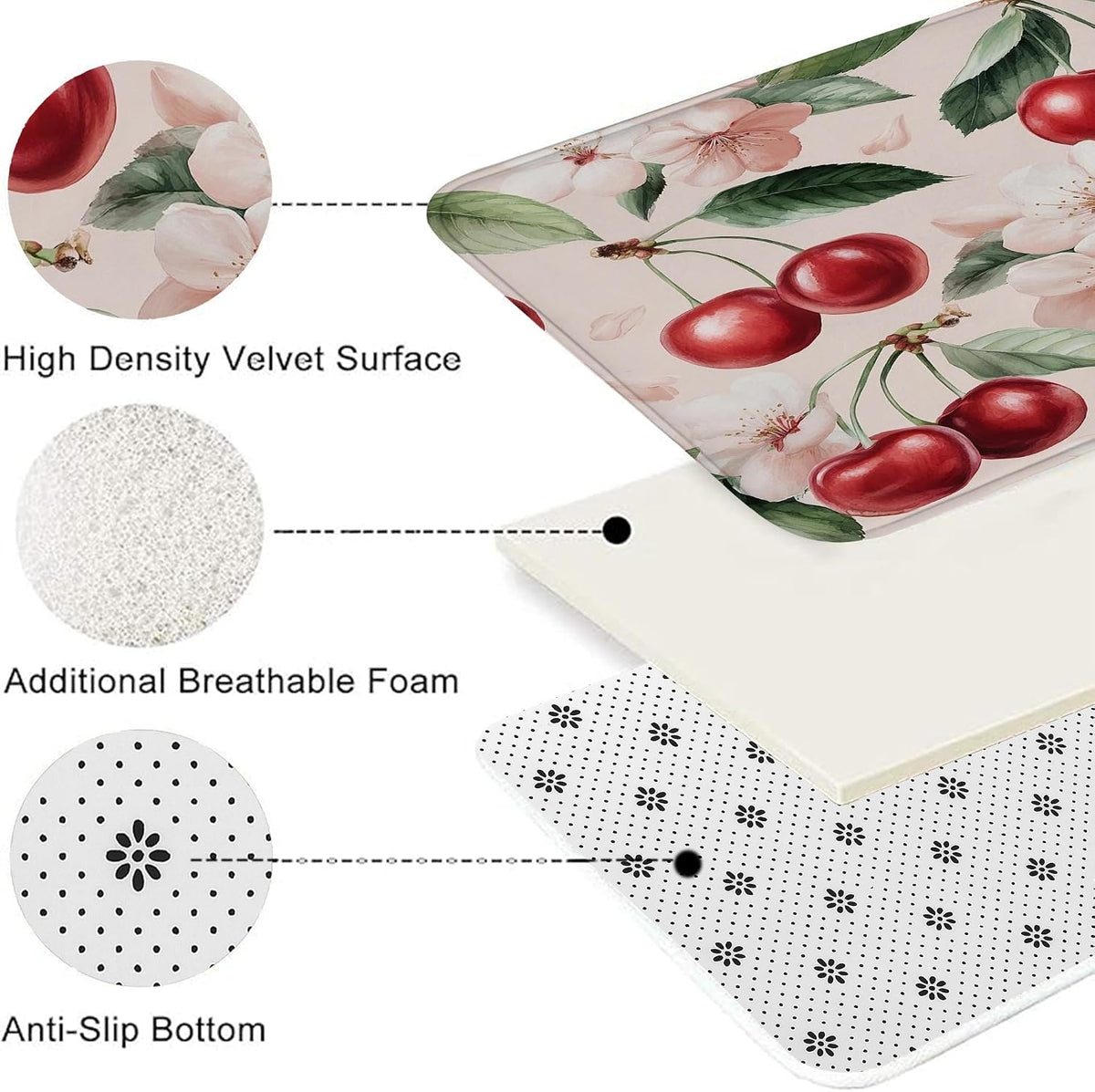 Cherries Blossom Floral Quick Dry Bath Mat, Elegant Peach Flowers Decorative Non Slip Shower Mat, Spring Memory Foam Washable Bath Rugs for Bathroom Toilet Restroom Decorative 20x32 Inch