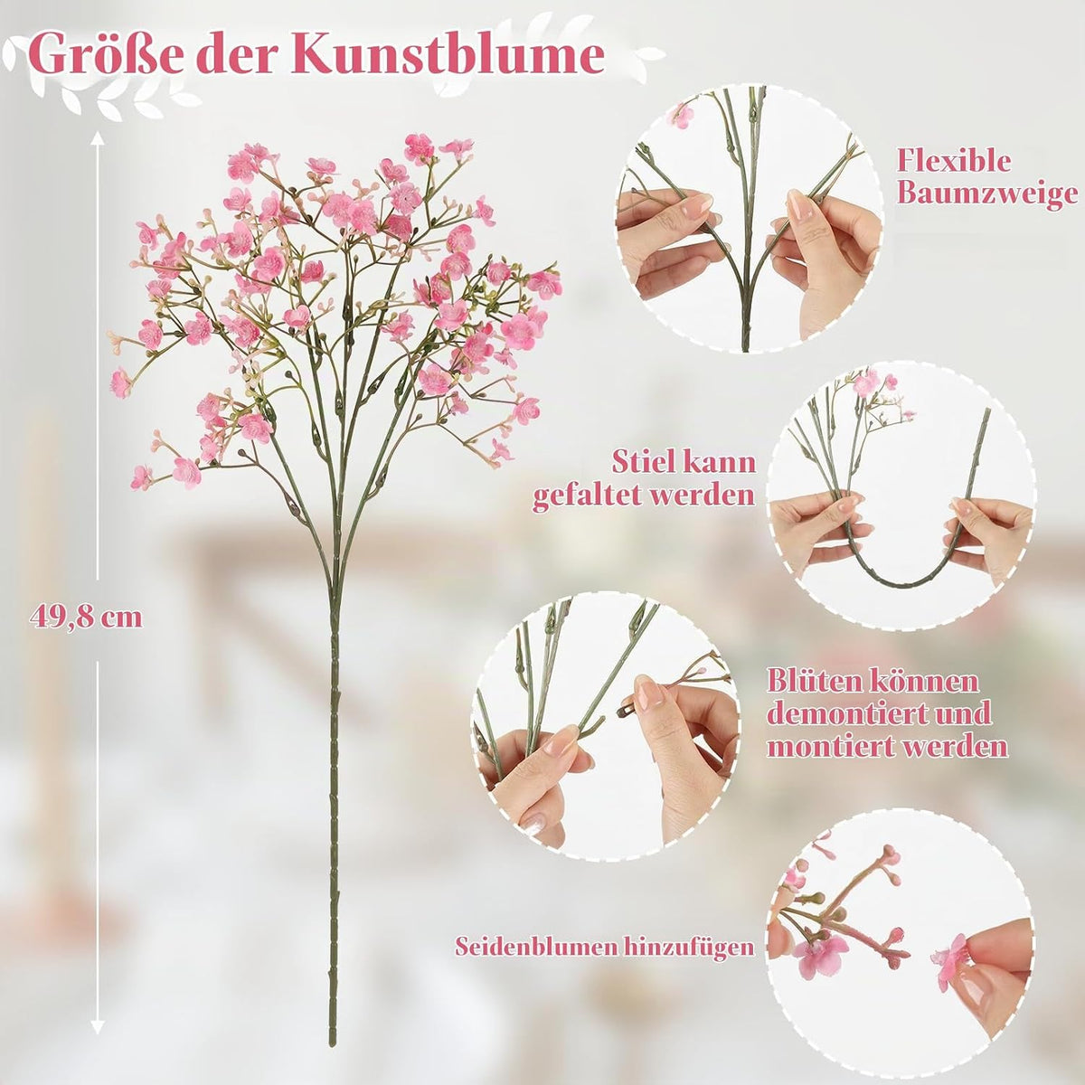 6Pcs Babys Breath Artificial Flowers,Real Touch Fake Cherry Blossom Pink Flowers Faux Flowers Bouquets for Vase Home Office Wedding Spring Indoor Outdoor Centerpiece Table Decorations
