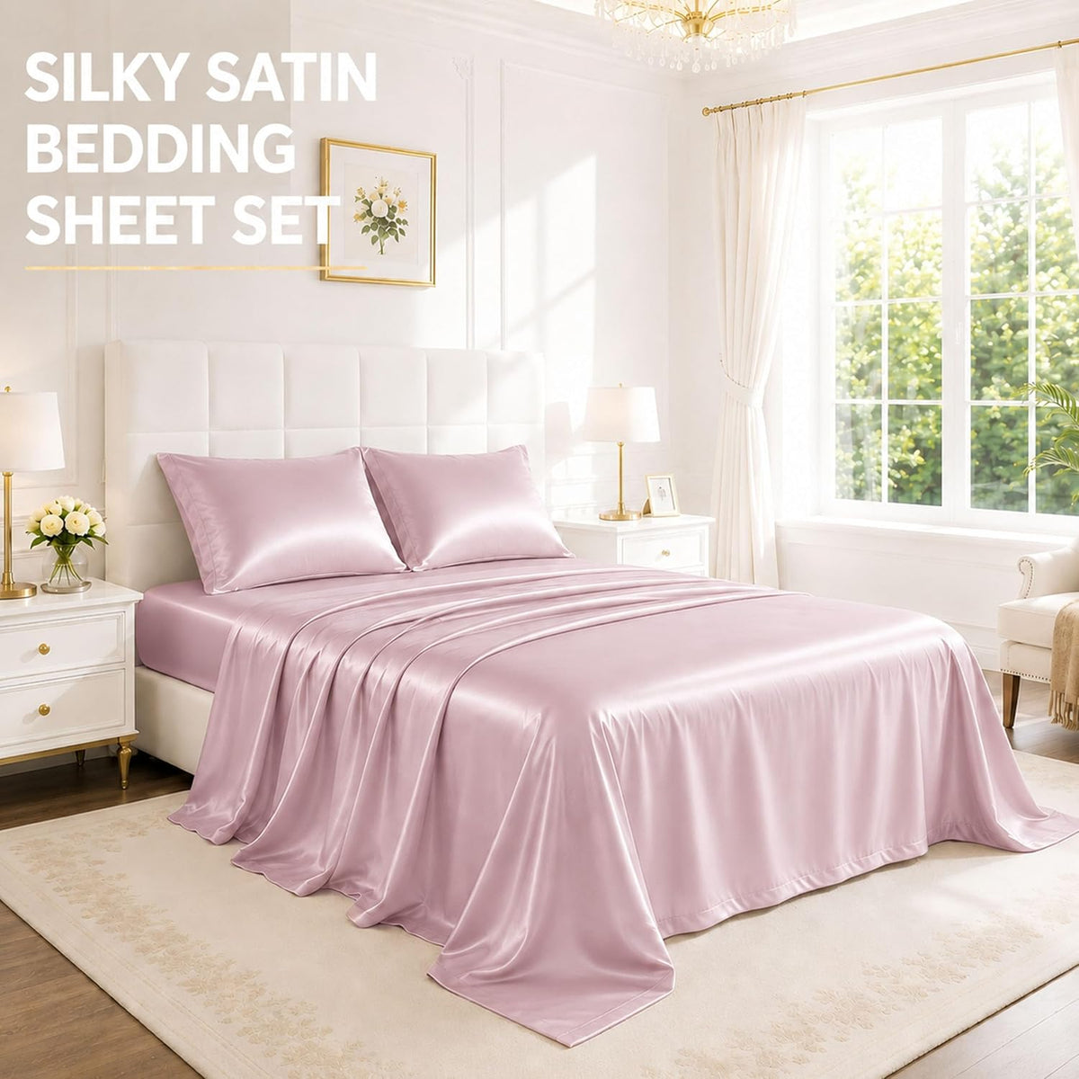 Silky Satin Sheet Set Queen Size 4 Piece Smooth Decorative Pink