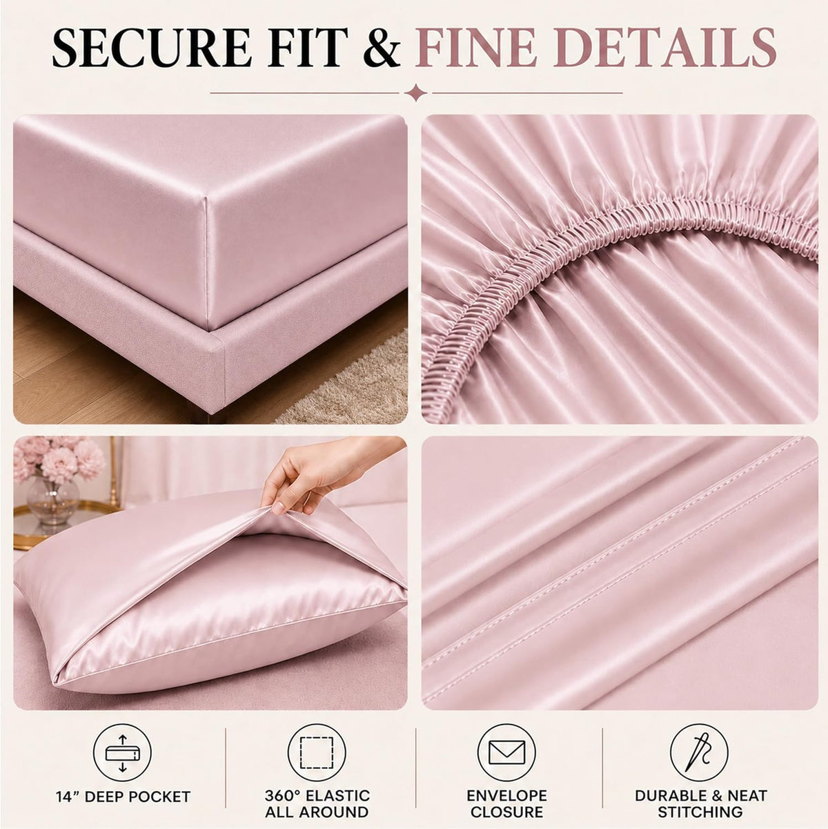 Silky Satin Sheet Set Queen Size 4 Piece Smooth Decorative Pink