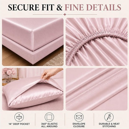 Silky Satin Sheet Set Queen Size 4 Piece Smooth Decorative Pink