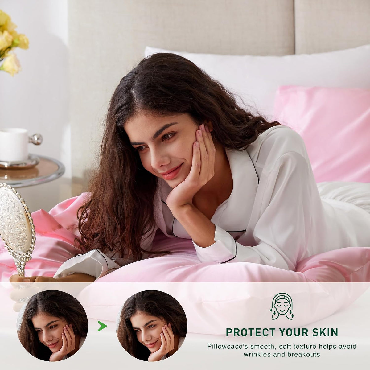 Satin Pillowcase Set of 2 Standard Size 20x26, Cooling Pillow Covers for Hair and Skin, Silky Smooth with Envelope Closure, Similar to Silk, Pink