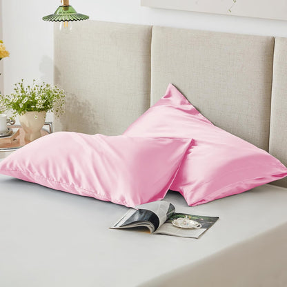 Satin Pillowcase Set of 2 Standard Size 20x26, Cooling Pillow Covers for Hair and Skin, Silky Smooth with Envelope Closure, Similar to Silk, Pink
