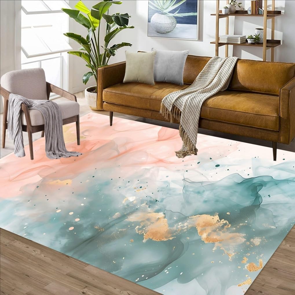 Fresh Light Teal Pink Abstract Art Aesthetic Deco Indoor Rugs 4x6 for Living Room Bedroom Dining Room Soft Non Slip Washable Large Carpet Nursery Dorm Guestroom Kitchen Mats Modern Luxury Big Rug