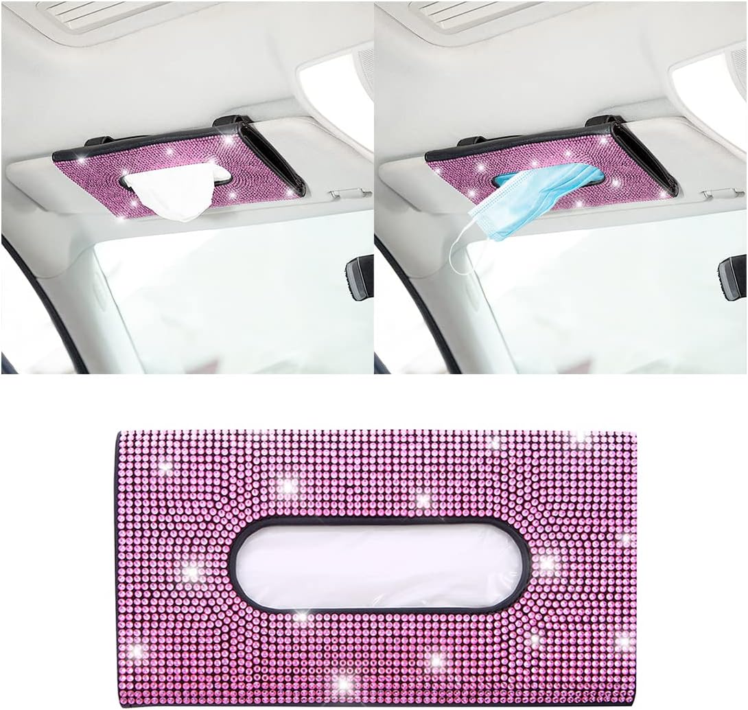 Bling Car Sun Visor Tissue Box Holder, Rhinestone PU Leather Crystal Sparkling Napkin Holder, Backseat Paper Towel Cover Case Car Accessories for Women (Pink)