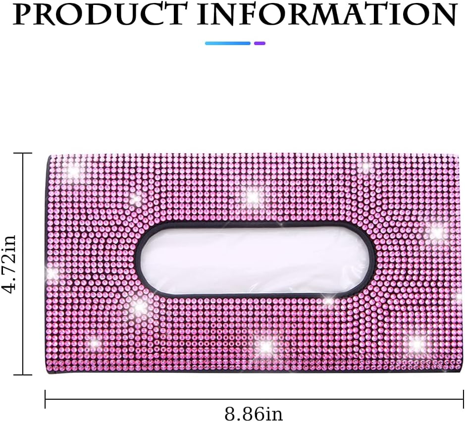 Bling Car Sun Visor Tissue Box Holder, Rhinestone PU Leather Crystal Sparkling Napkin Holder, Backseat Paper Towel Cover Case Car Accessories for Women (Pink)