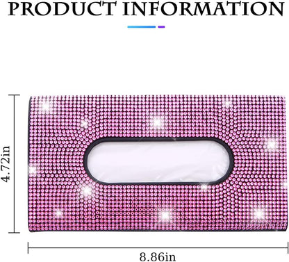 Bling Car Sun Visor Tissue Box Holder, Rhinestone PU Leather Crystal Sparkling Napkin Holder, Backseat Paper Towel Cover Case Car Accessories for Women (Pink)