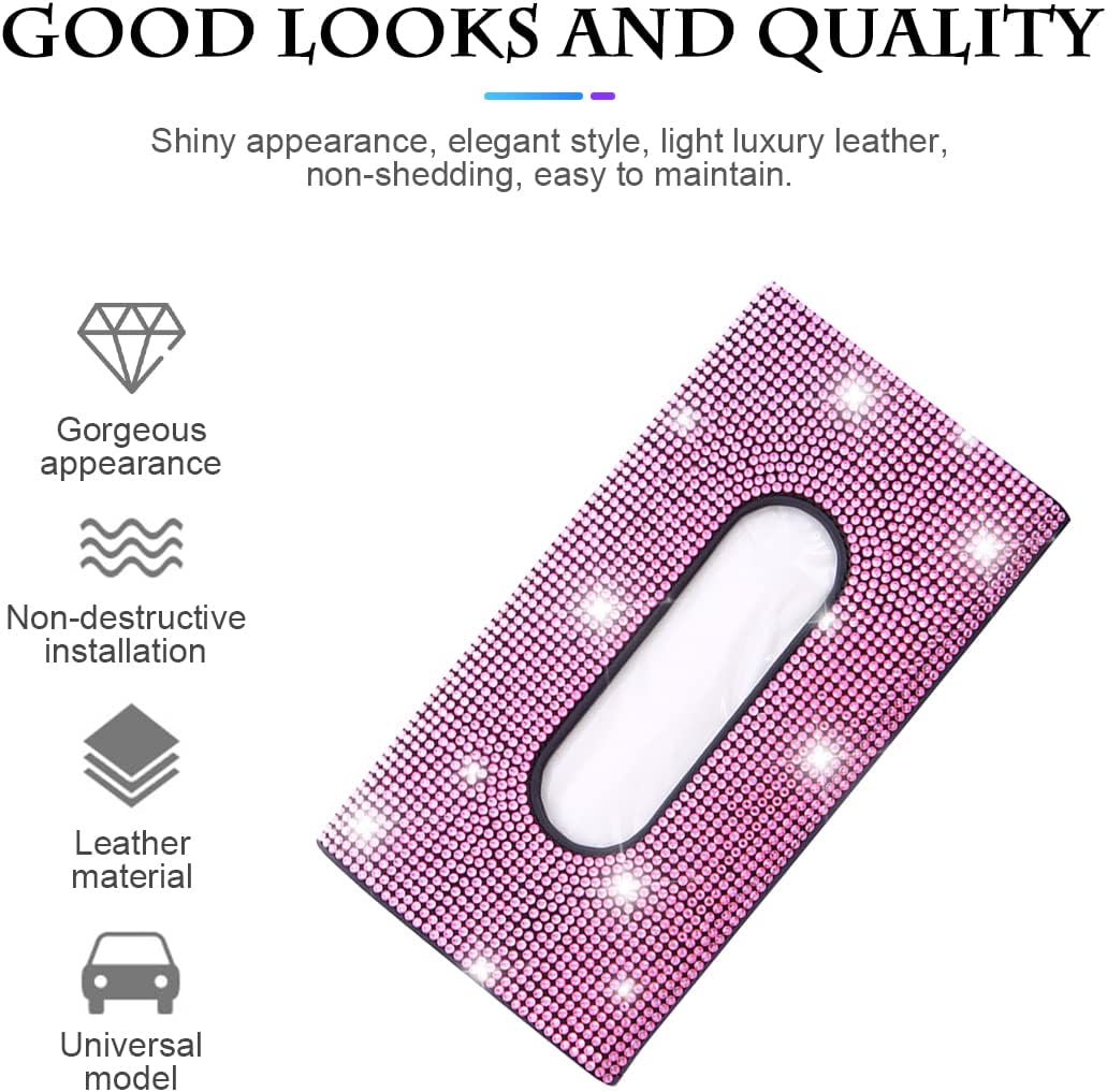 Bling Car Sun Visor Tissue Box Holder, Rhinestone PU Leather Crystal Sparkling Napkin Holder, Backseat Paper Towel Cover Case Car Accessories for Women (Pink)