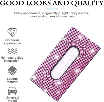 Bling Car Sun Visor Tissue Box Holder, Rhinestone PU Leather Crystal Sparkling Napkin Holder, Backseat Paper Towel Cover Case Car Accessories for Women (Pink)