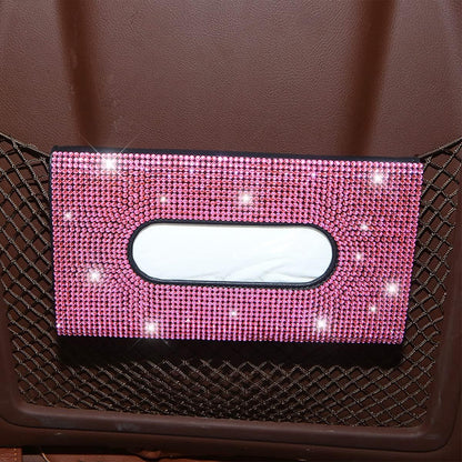 Bling Car Sun Visor Tissue Box Holder, Rhinestone PU Leather Crystal Sparkling Napkin Holder, Backseat Paper Towel Cover Case Car Accessories for Women (Pink)