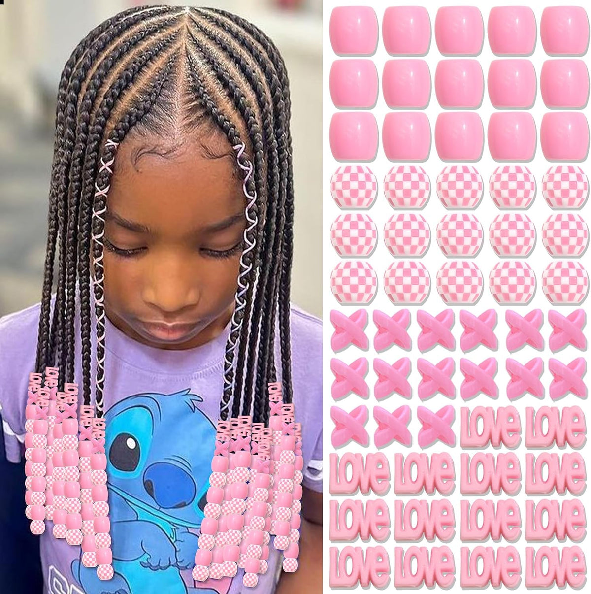 60PCS Pink Hair Beads Jewelry for Kid Large Loc Dreadlock Accessories for Braids Multi Shape Pony Beads Hair Cuff Charms Cute Braids Hair Decoration for Women and Girls