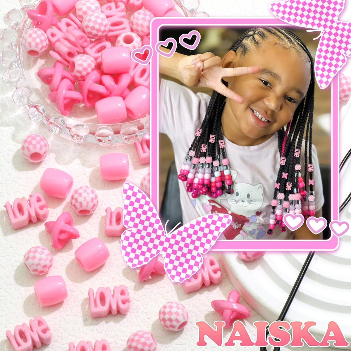 60PCS Pink Hair Beads Jewelry for Kid Large Loc Dreadlock Accessories for Braids Multi Shape Pony Beads Hair Cuff Charms Cute Braids Hair Decoration for Women and Girls