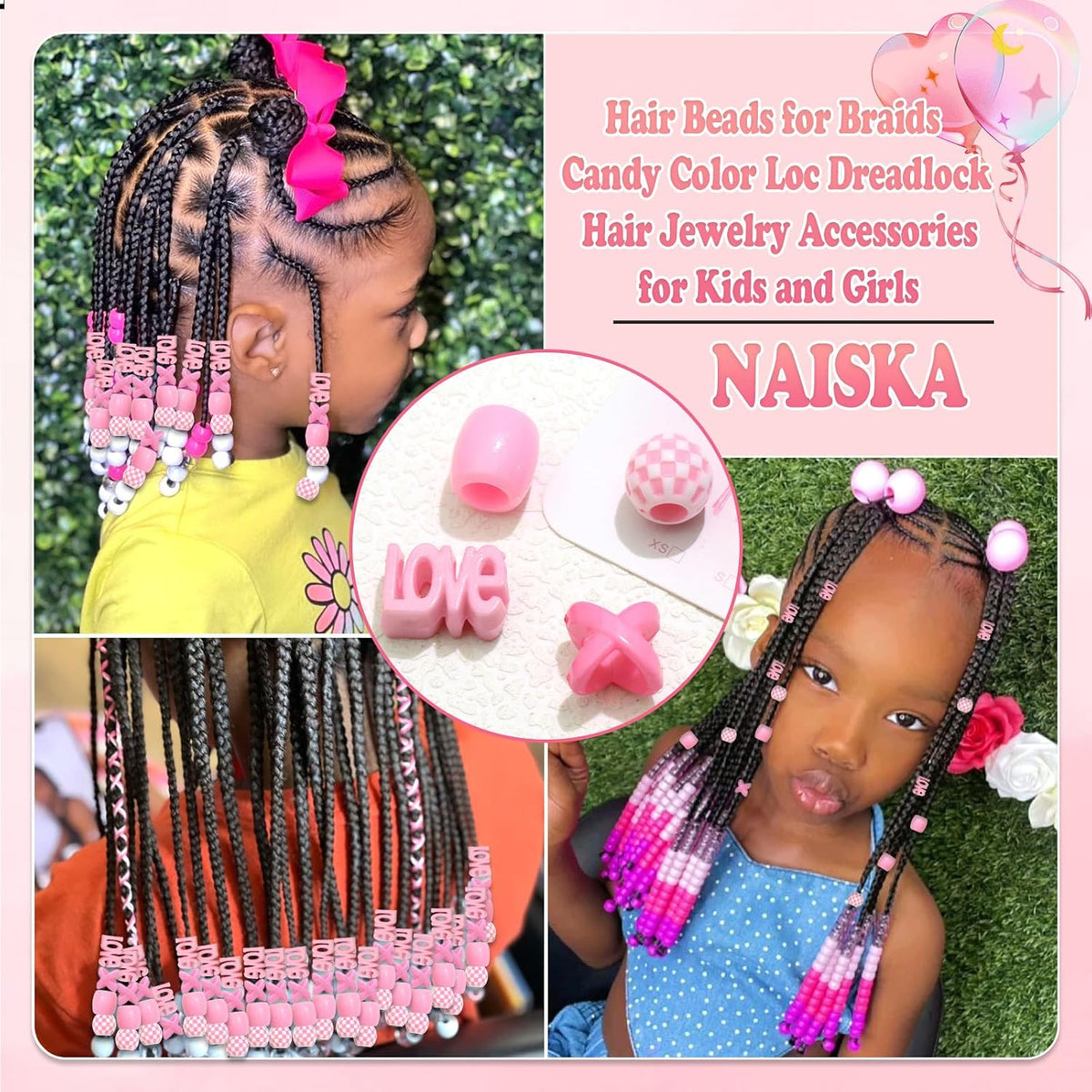 60PCS Pink Hair Beads Jewelry for Kid Large Loc Dreadlock Accessories for Braids Multi Shape Pony Beads Hair Cuff Charms Cute Braids Hair Decoration for Women and Girls