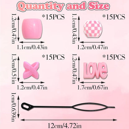 60PCS Pink Hair Beads Jewelry for Kid Large Loc Dreadlock Accessories for Braids Multi Shape Pony Beads Hair Cuff Charms Cute Braids Hair Decoration for Women and Girls