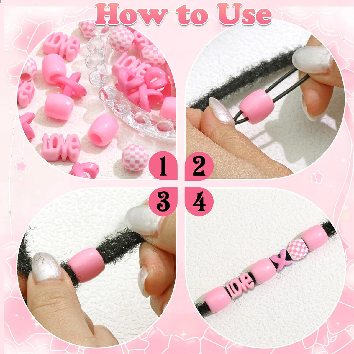 60PCS Pink Hair Beads Jewelry for Kid Large Loc Dreadlock Accessories for Braids Multi Shape Pony Beads Hair Cuff Charms Cute Braids Hair Decoration for Women and Girls