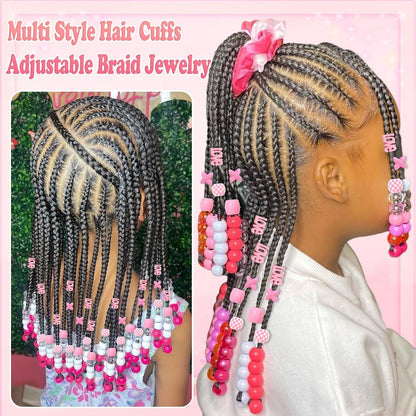60PCS Pink Hair Beads Jewelry for Kid Large Loc Dreadlock Accessories for Braids Multi Shape Pony Beads Hair Cuff Charms Cute Braids Hair Decoration for Women and Girls