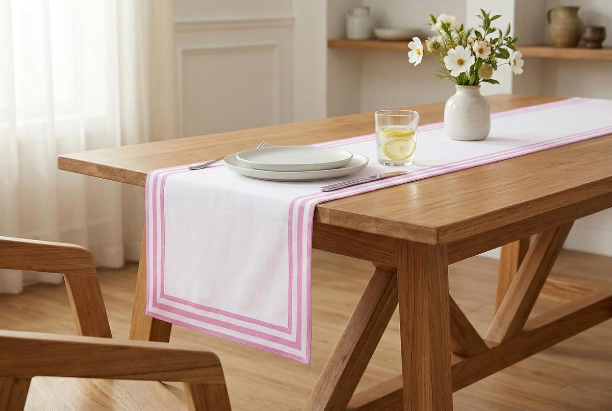 Edges Stripe Hemstitch Table Runner, 14x90 in - Blush Pink