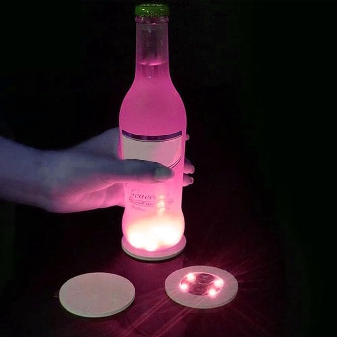 LED Coaster,10 Pack LED Cup Holder Lights, Liquor Bottle Light Stickers Coasters, Flash Light Up Bar Coaster for Club, Bar, Party, Wedding Decor (Pink)