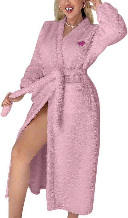 Women's Plush Fleece Robe Long Fluffy Bathrobe with Pink Heart Soft Spa Loungewear with Pocket