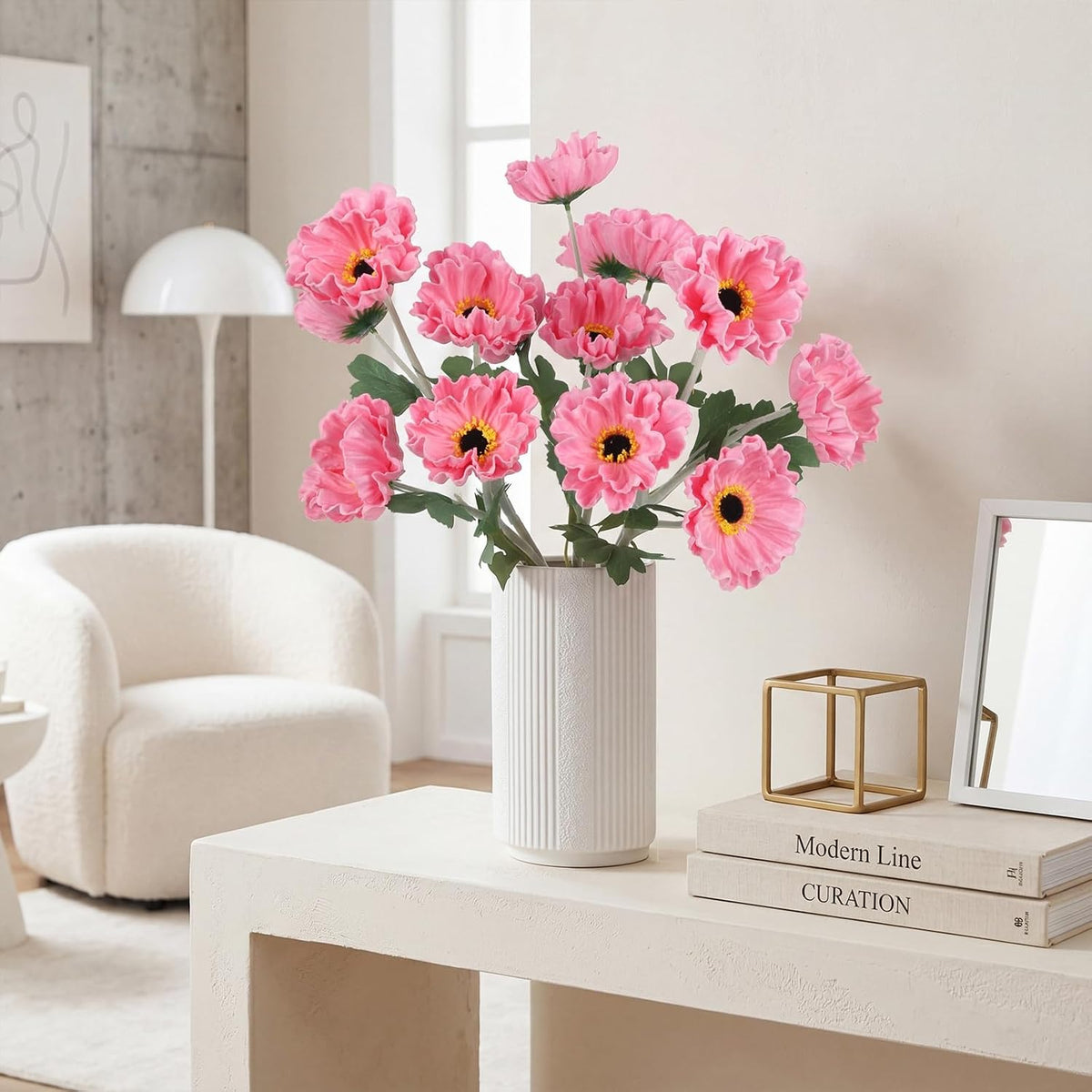 15 Heads Poppy Flowers Artificial, 3PCS PU Real Touch Pink Faux Poppies 20" Long Stem Fake Flowers for Wedding Centerpieces Bridal Bouquets Party Home Decor(Pink)