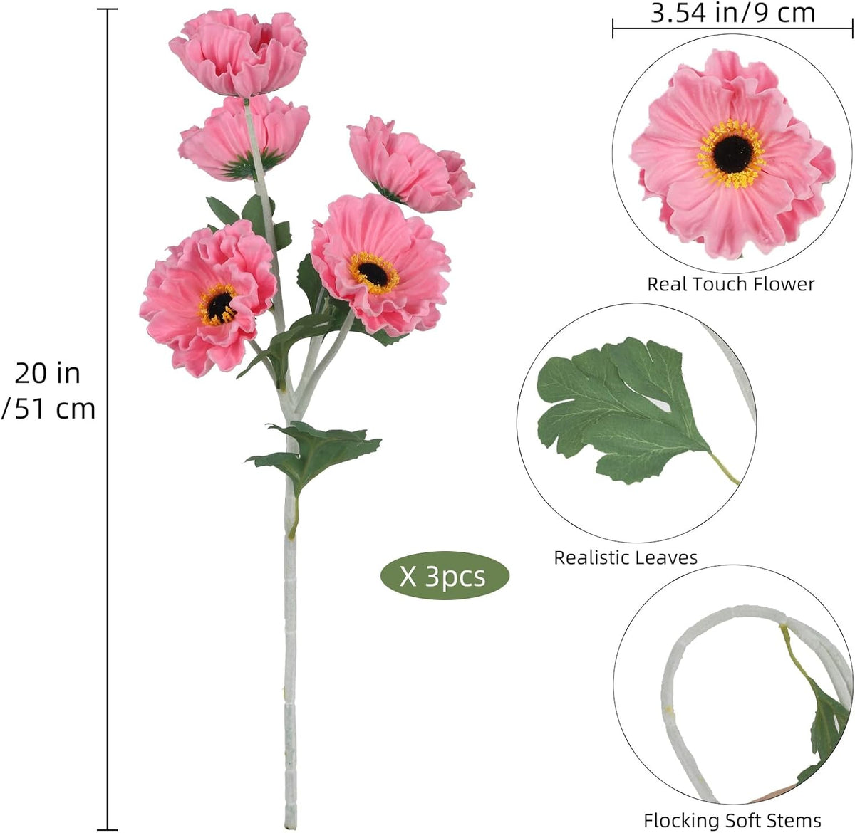 15 Heads Poppy Flowers Artificial, 3PCS PU Real Touch Pink Faux Poppies 20" Long Stem Fake Flowers for Wedding Centerpieces Bridal Bouquets Party Home Decor(Pink)