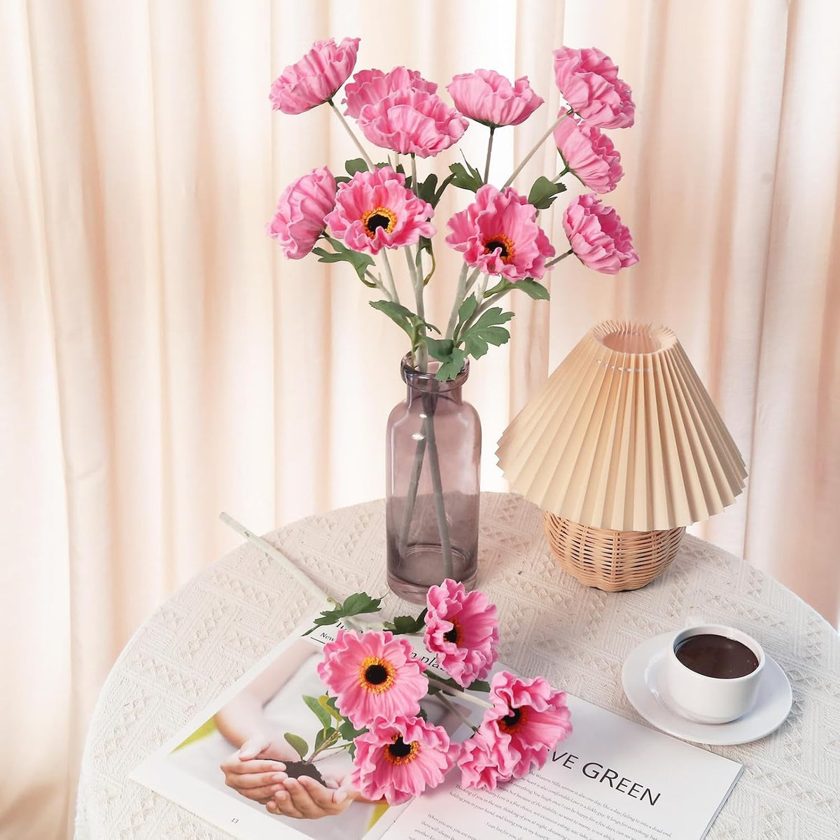 15 Heads Poppy Flowers Artificial, 3PCS PU Real Touch Pink Faux Poppies 20" Long Stem Fake Flowers for Wedding Centerpieces Bridal Bouquets Party Home Decor(Pink)